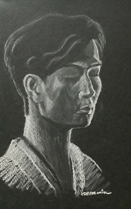 portrait of Zhang Rishan with closed eyes on black paper